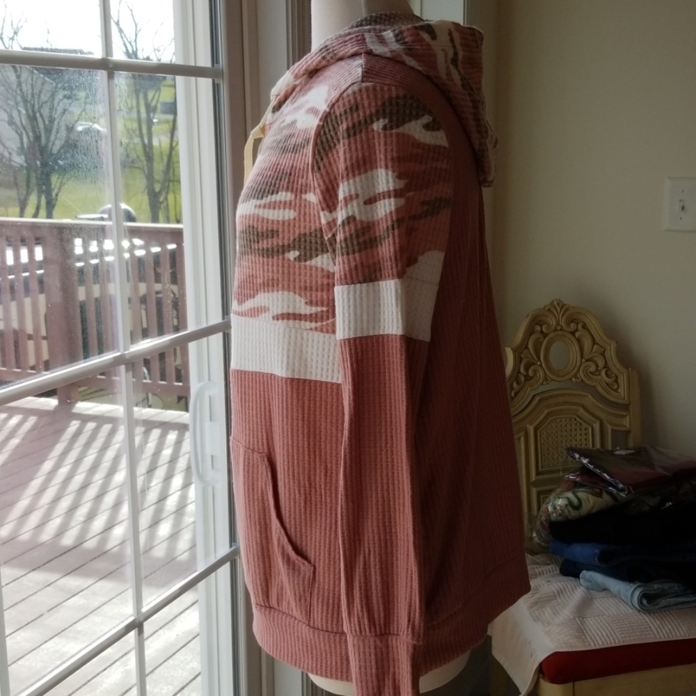 Watermelon Pink Camo Hoodie Waffle Fabric - Picture 5 of 8